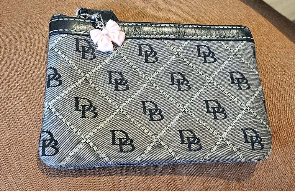 Dooney & Bourke Signature DB Monogram Gray Zip Coin Purse Pouch Pink Bow Charm